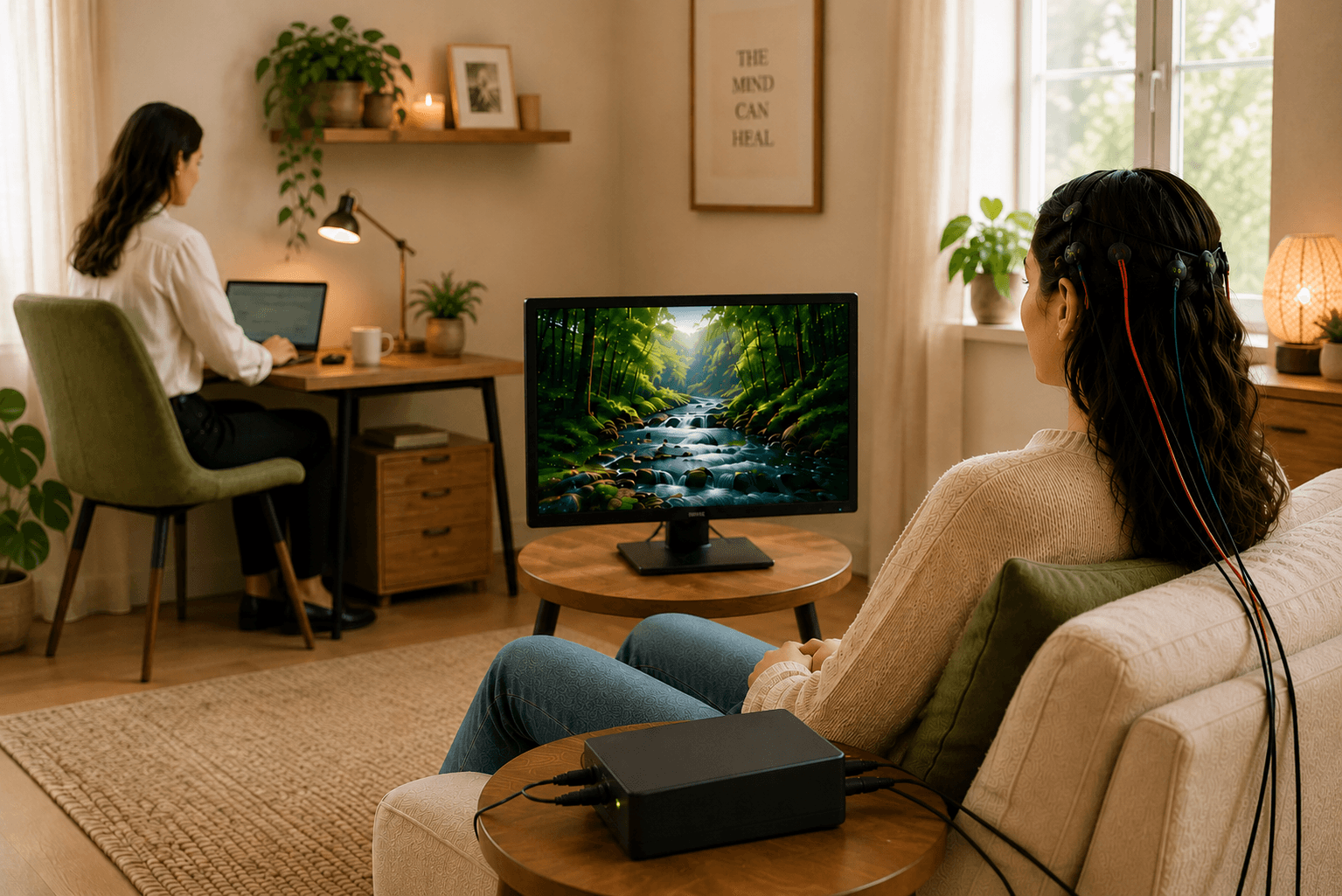 A client relaxes on a sofa during an in-person neurofeedback session, wearing EEG sensors and watching a real-time feedback animation on a monitor, while the practitioner works at a computer nearby.
